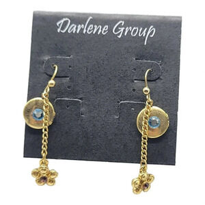 Darlene Group Double Drop Locket Dangle Earrings Blue Amber Flower Rhinestone